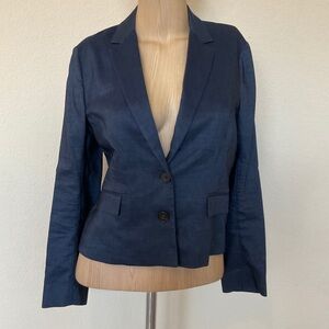 Theory EUC Cropped Wool Linen Blazer Warm Navy Heather Look Lapels Pockets 10